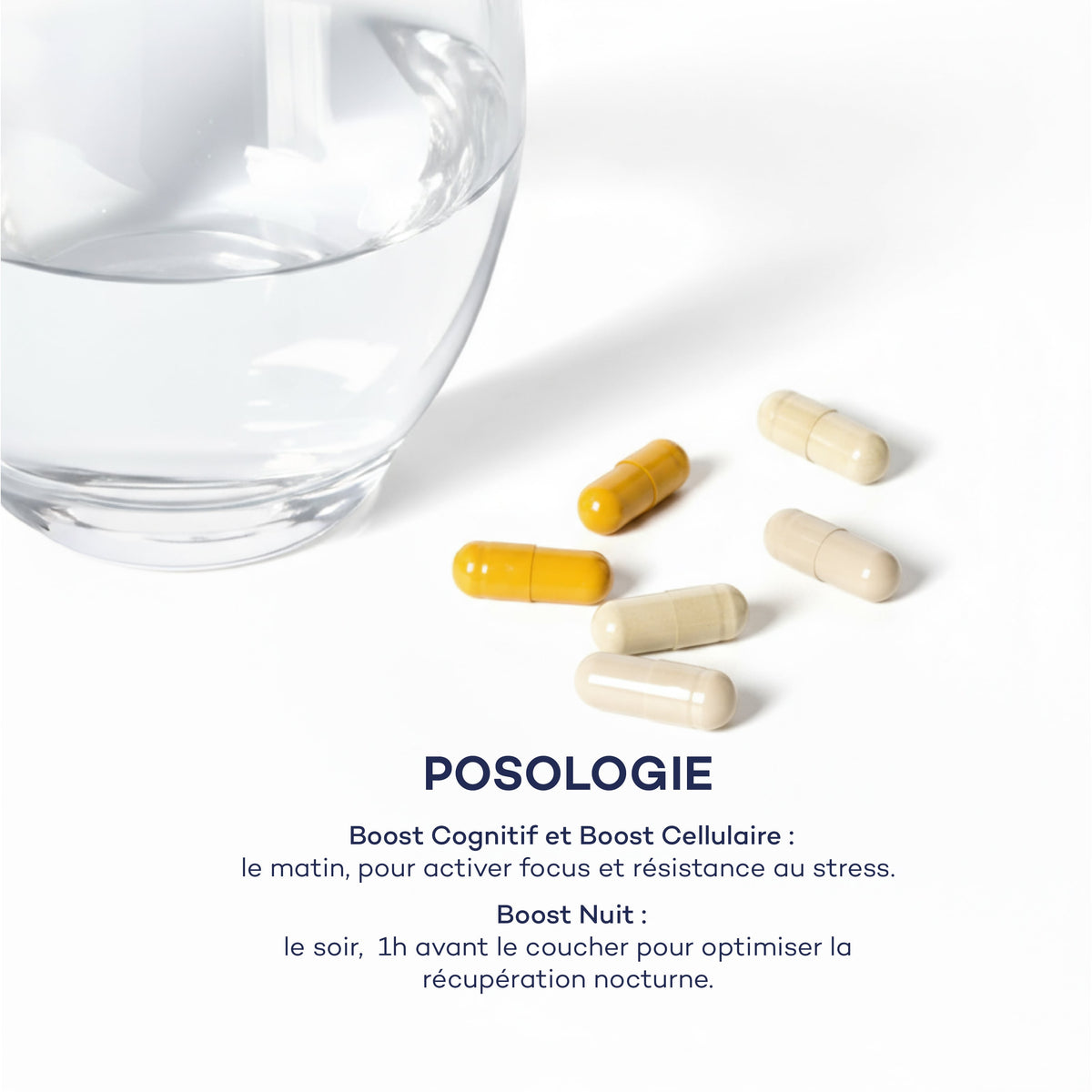 Posologie de la Routine Découverte Longévité D-LAB : Boost Cognitif et Boost Cellulaire le matin, Boost Nuit une heure avant le coucher