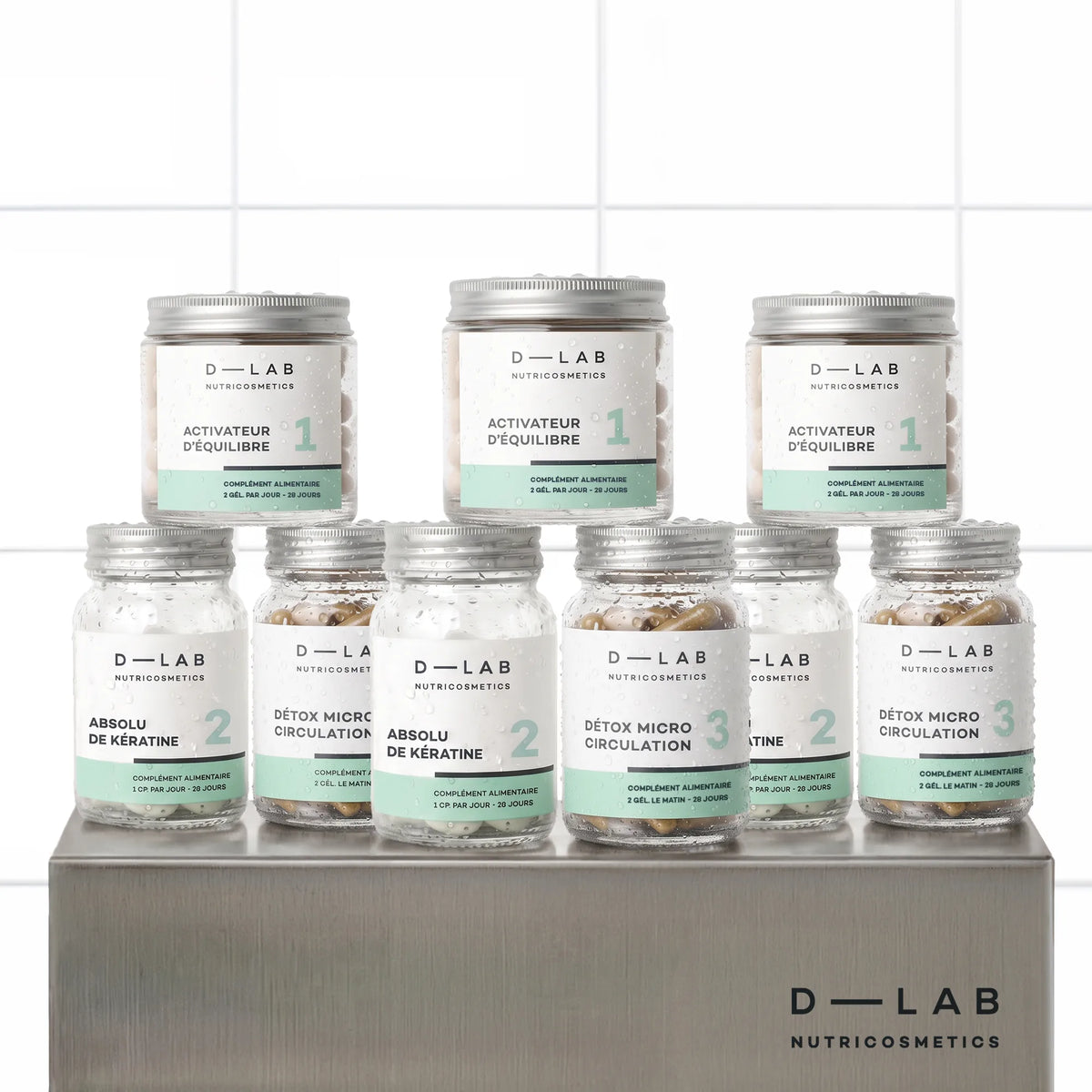 Routine Masse-Capillaire D-LAB, cure 3 mois : 3 flacons Activateur d’Équilibre, Absolu de Kératine et Détox Micro-Circulation